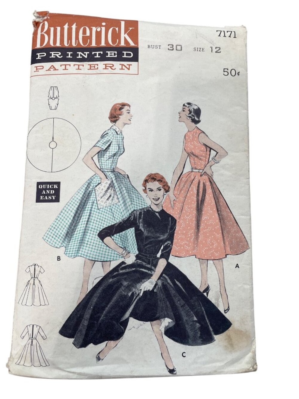 Vintage Butterick 7171 Sewing Pattern Size 12 Dress Retro Womens Fashion CUT